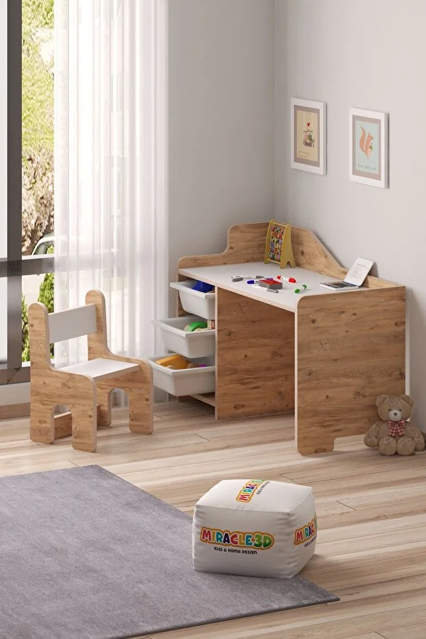 Çocuk Oyun Aktivite Masası 90x45 Cm 3 Sepetli Çocuk Çalışma Masası Sırt Dayamalı Sandalye